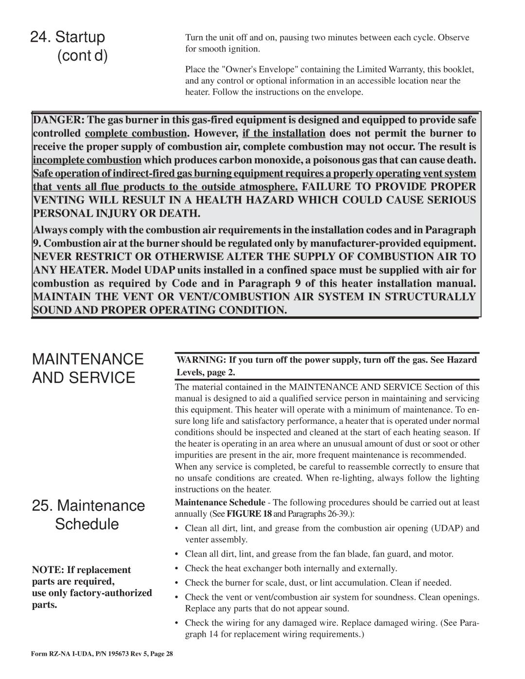 Thomas & Betts UDAS, UDAP dimensions Startup cont’d, Maintenance Schedule, Use only factory-authorized parts 