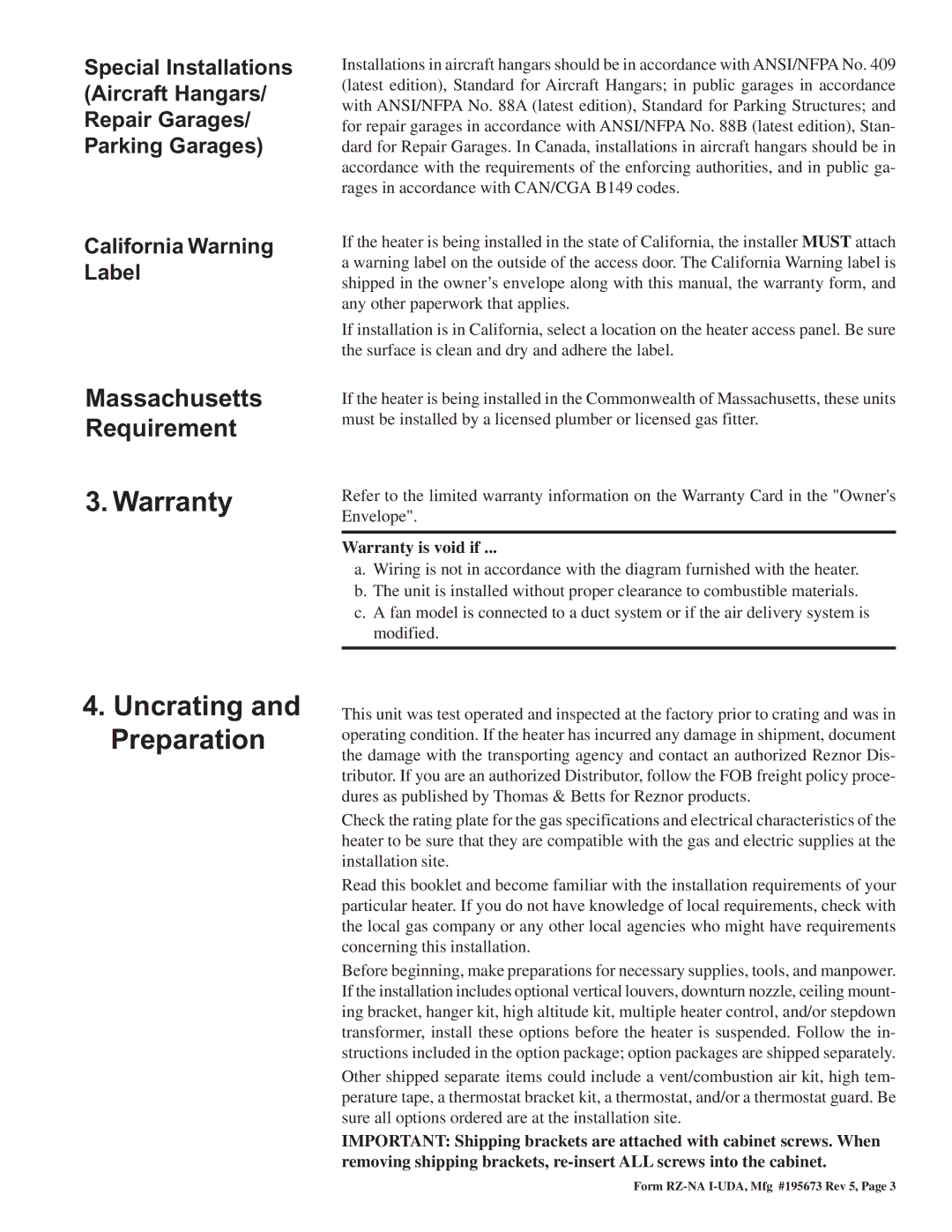 Thomas & Betts UDAP, UDAS dimensions Warranty Uncrating and Preparation, Massachusetts Requirement 