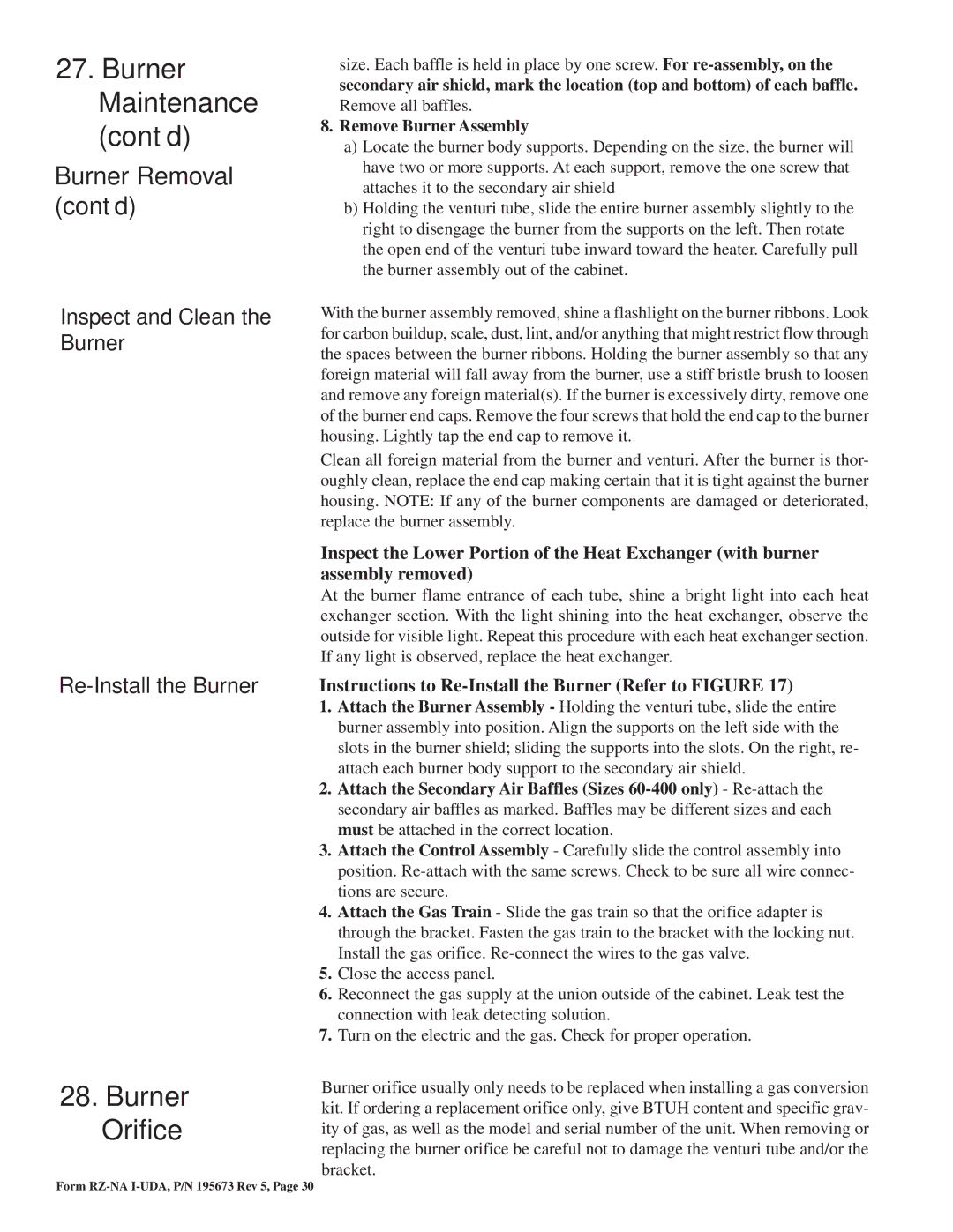 Thomas & Betts UDAS, UDAP dimensions Burner Maintenance cont’d, Burner Orifice, Burner Removal cont’d 