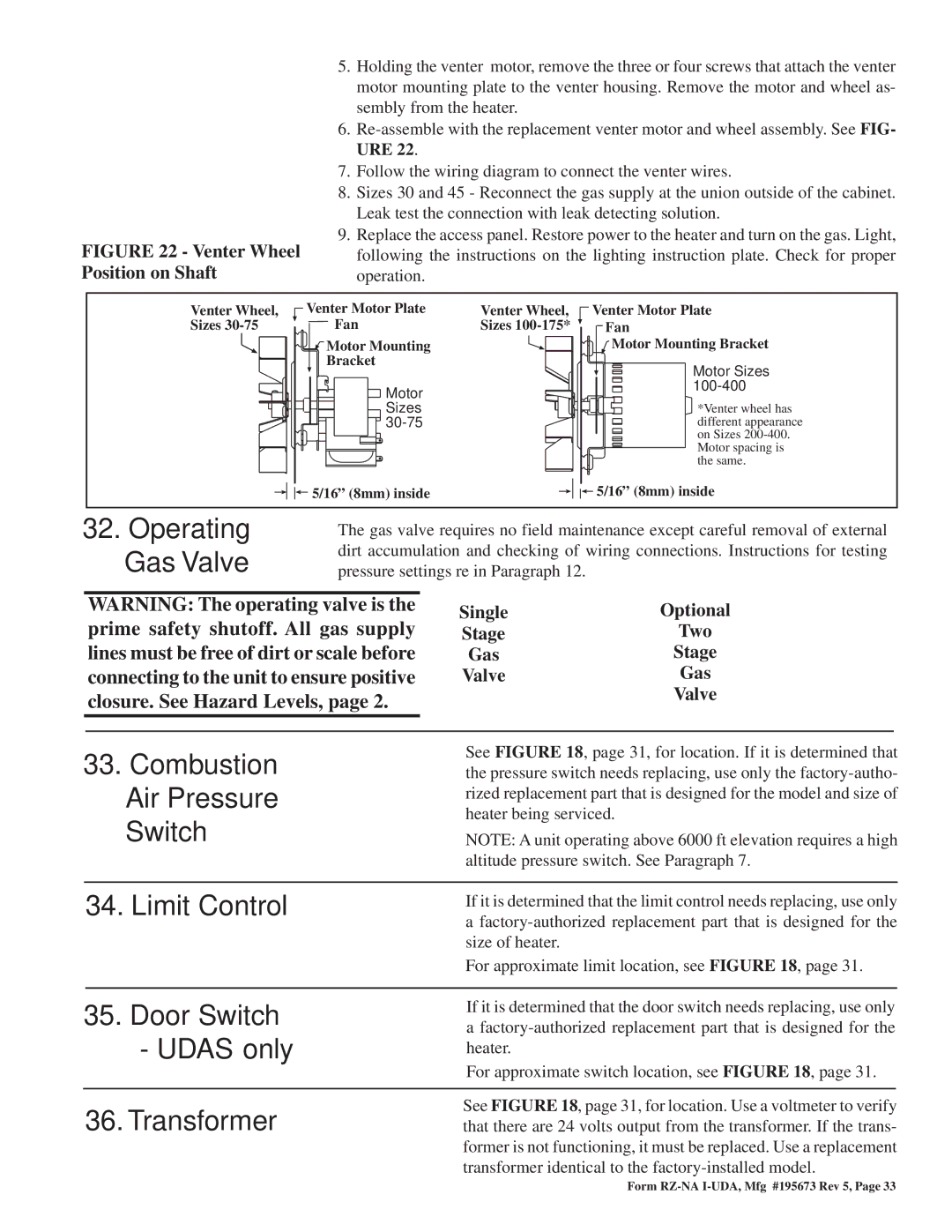 Thomas & Betts UDAP, UDAS Operating Gas Valve, Combustion Air Pressure Switch, Door Switch, Udas only, Transformer 