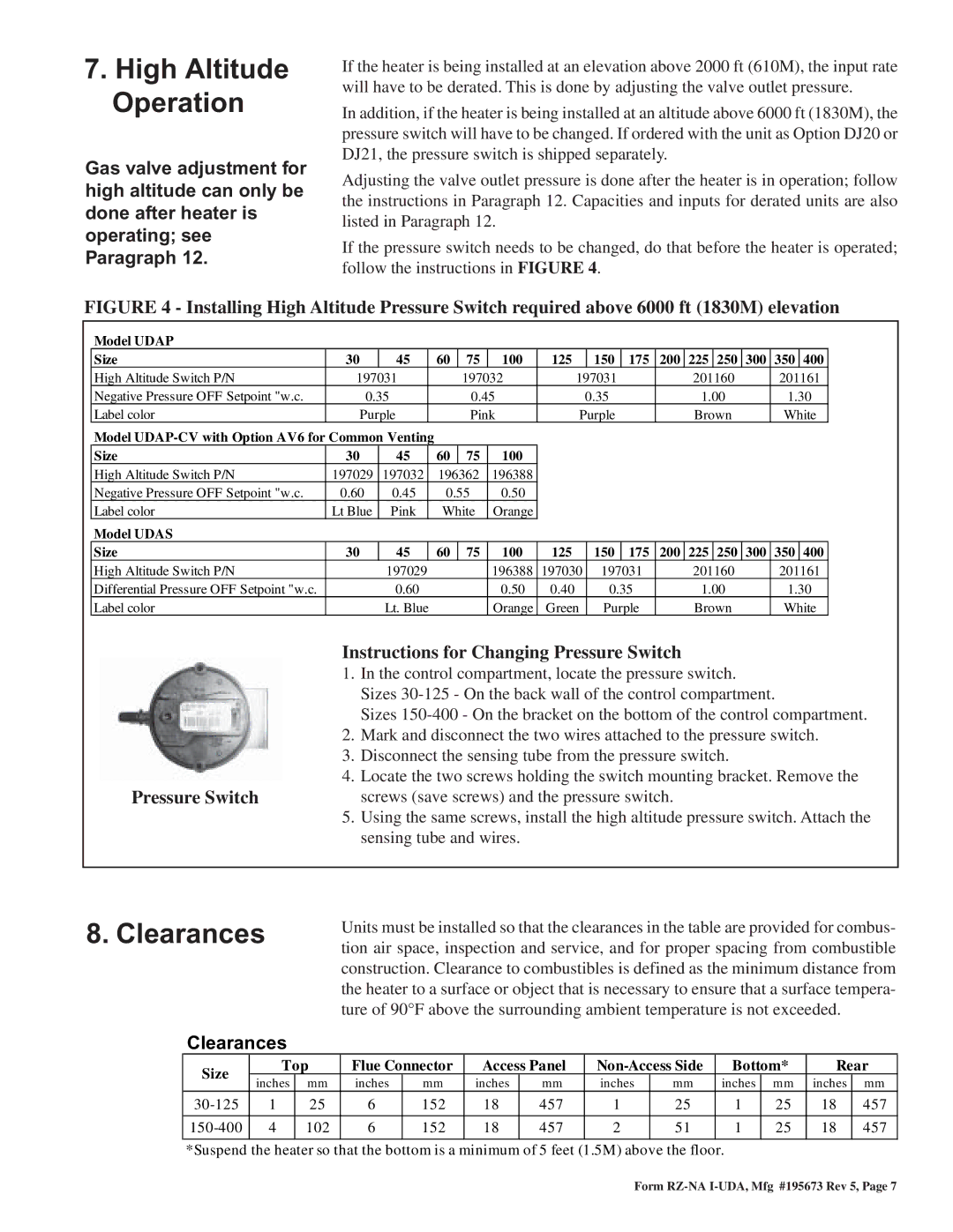 Thomas & Betts UDAP, UDAS dimensions High Altitude Operation, Clearances, Instructions for Changing Pressure Switch 