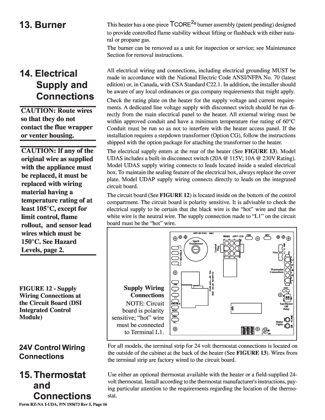 Thomas & Betts UDAS Burner 14.Electrical Supply and Connections, Thermostat and Connections, Supply Wiring Connections at 
