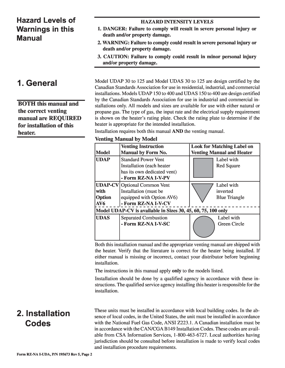 Thomas & Betts UDAS, UDAP General, Installation Codes, Hazard Levels of Warnings in this Manual, Venting Manual by Model 