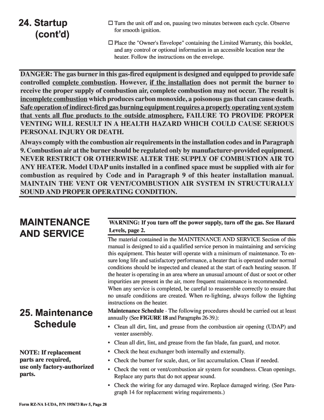 Thomas & Betts UDAS Startup cont’d, MAINTENANCE AND SERVICE 25.Maintenance Schedule, use only factory-authorizedparts 