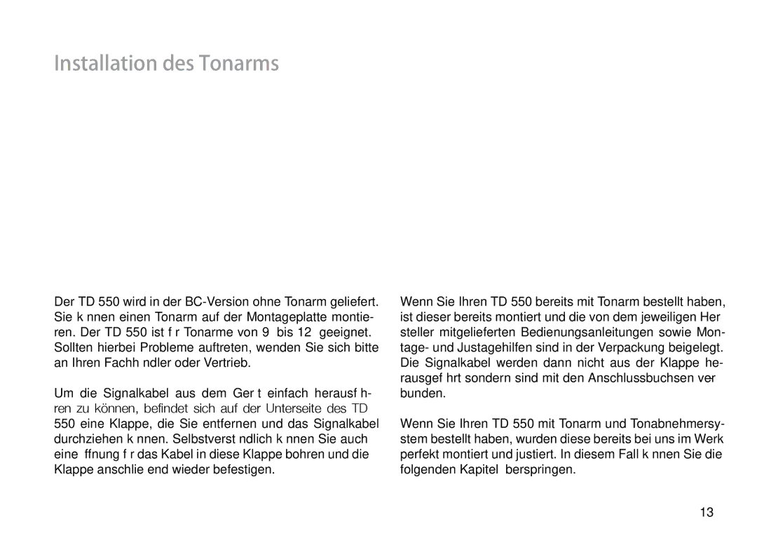 THORENS 550 user manual Installation des Tonarms 