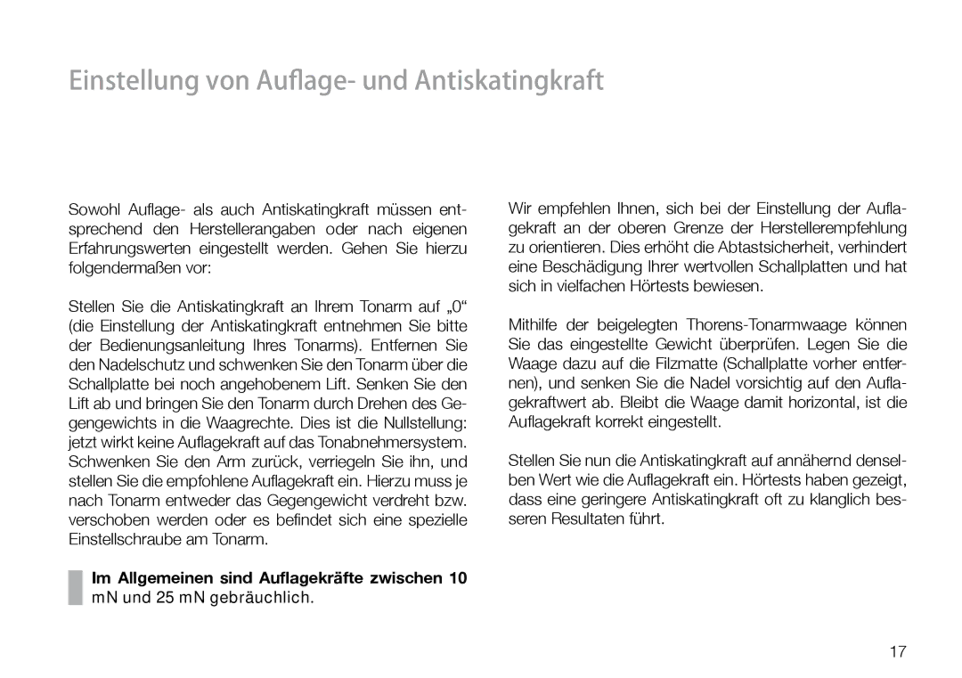 THORENS 550 user manual Einstellung von Auflage- und Antiskatingkraft 