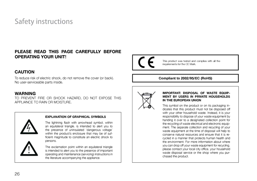 THORENS 550 user manual Safety instructions, Please Read this page Carefully Before Operating Your Unit 