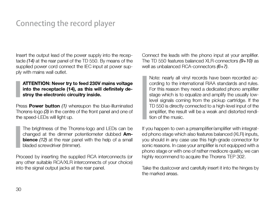 THORENS 550 user manual Connecting the record player 