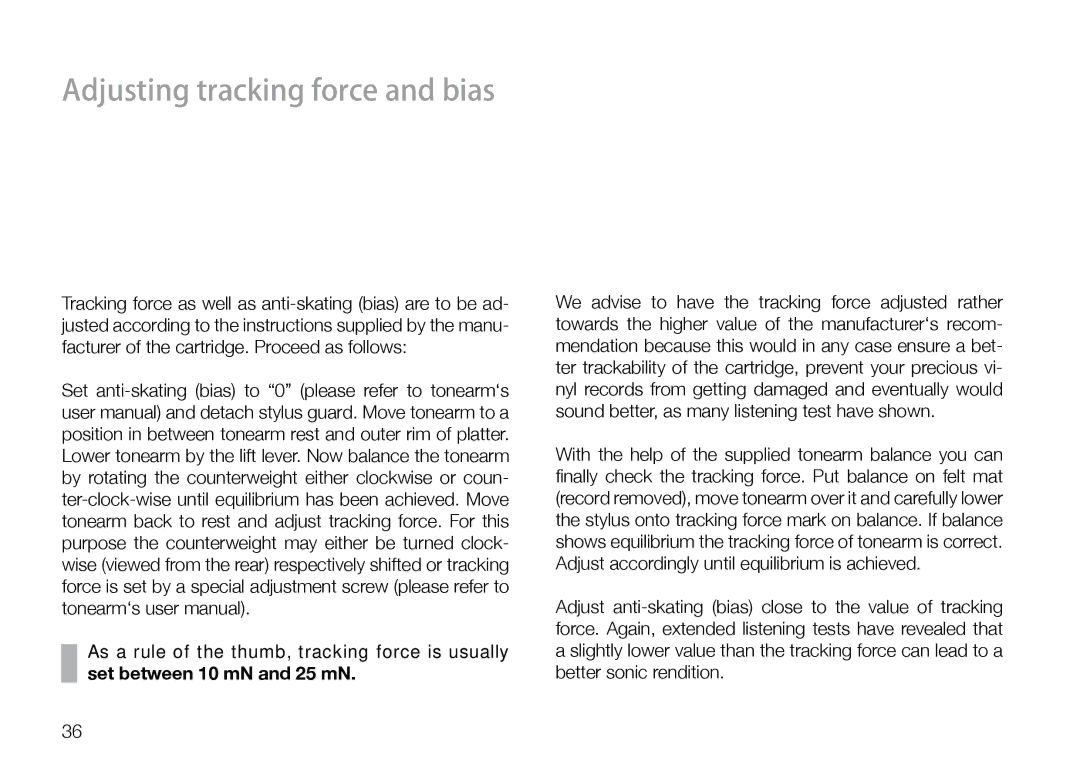 THORENS 550 user manual Adjusting tracking force and bias 