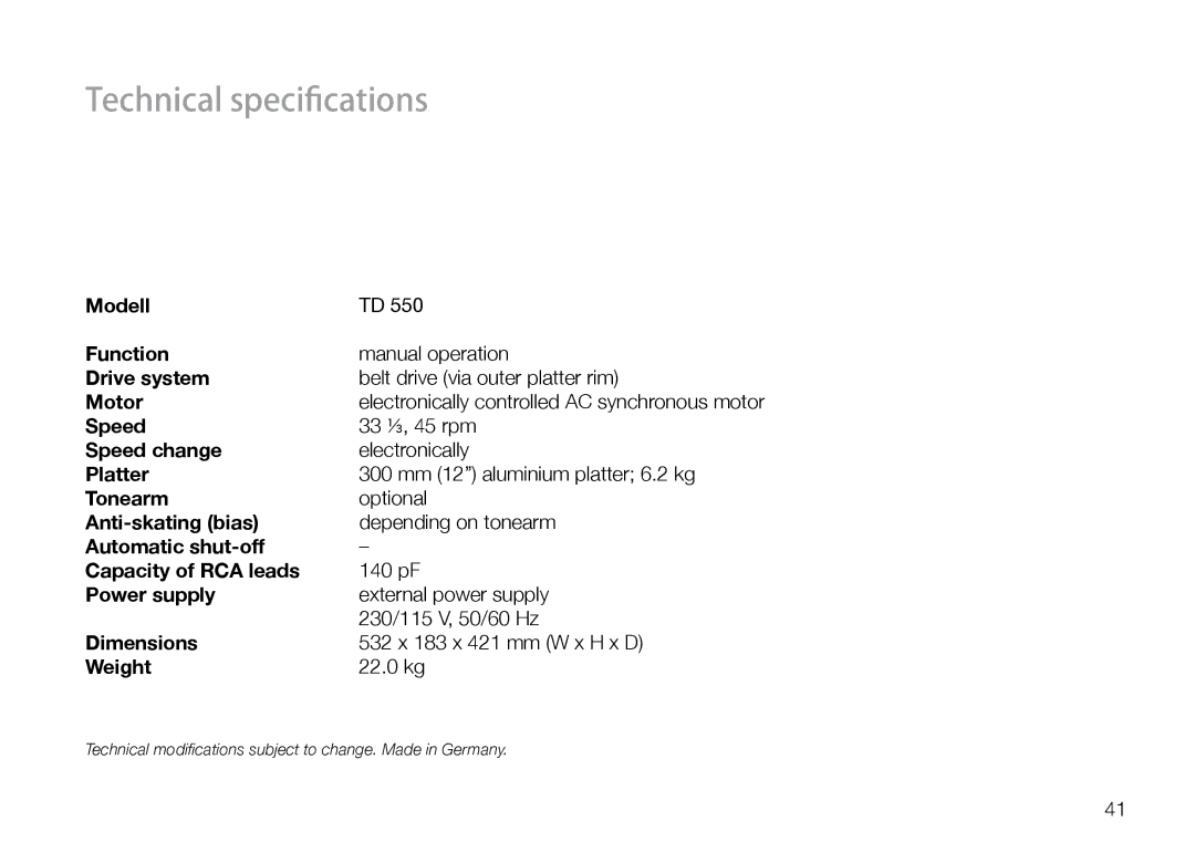 THORENS 550 user manual Technical specifications 