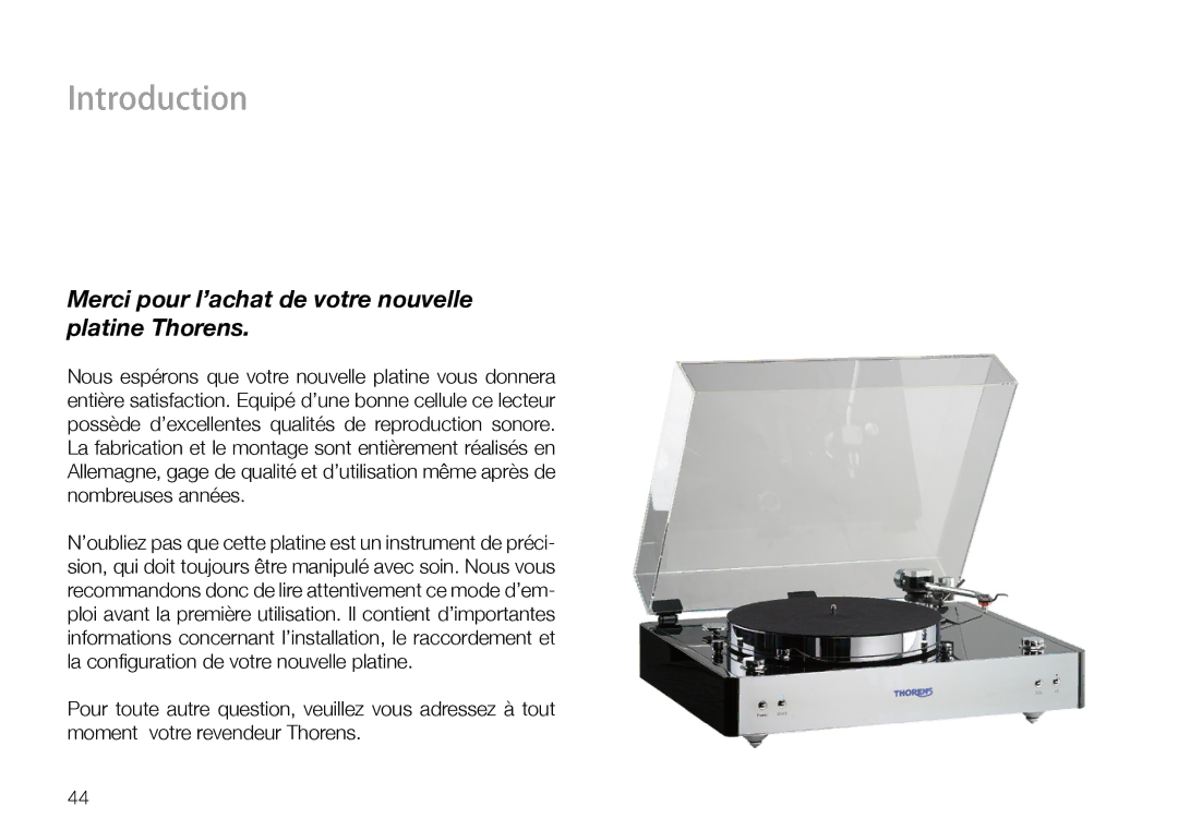 THORENS 550 user manual Merci pour l’achat de votre nouvelle platine Thorens 