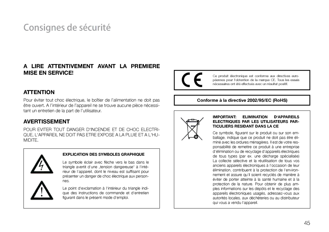 THORENS 550 user manual Consignes de sécurité, Lire Attentivement Avant LA Premiere Mise EN Service 