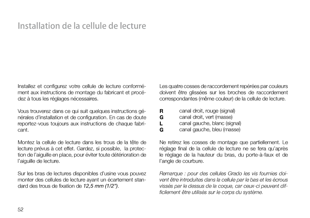 THORENS 550 user manual Installation de la cellule de lecture 