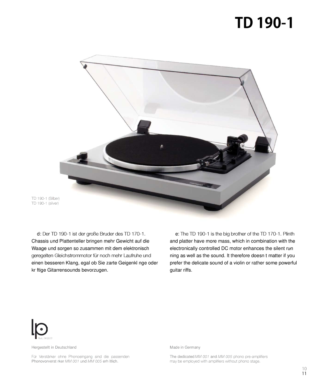 THORENS MM001 manual TD 190-1 Silber TD 190-1 silver 