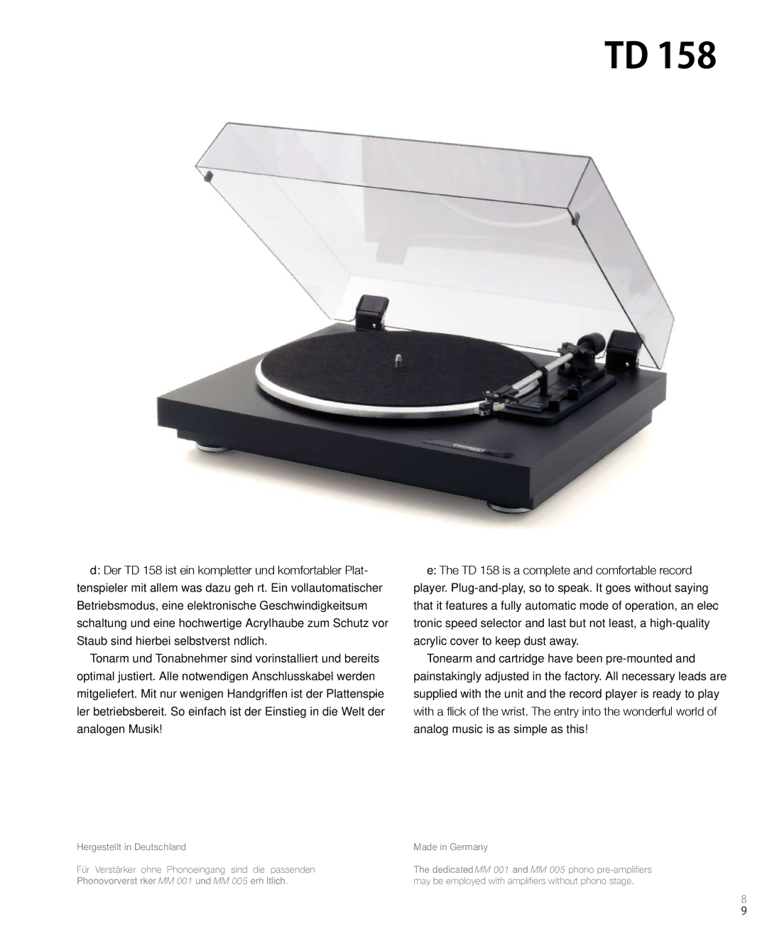 THORENS MM001 manual Hergestellt in Deutschland 