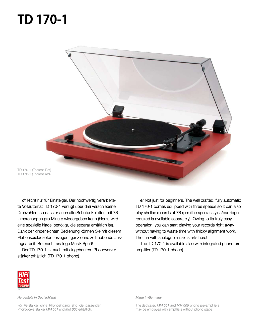 THORENS MM001 manual The fun with analogue music starts here 