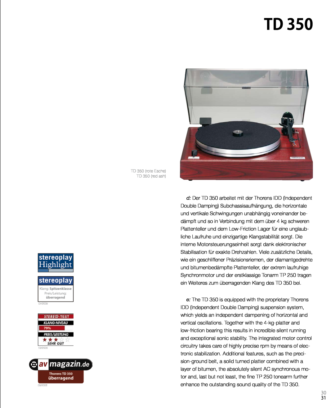THORENS MM001 manual TD 350 rote Esche TD 350 red ash 