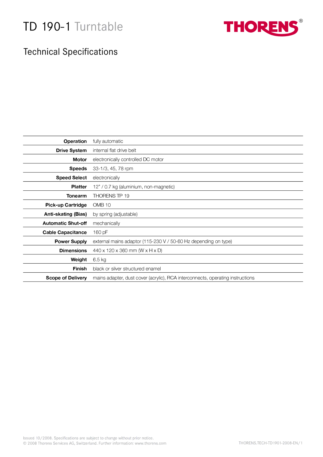 THORENS dimensions TD 190-1 Turntable, Technical Specifications 