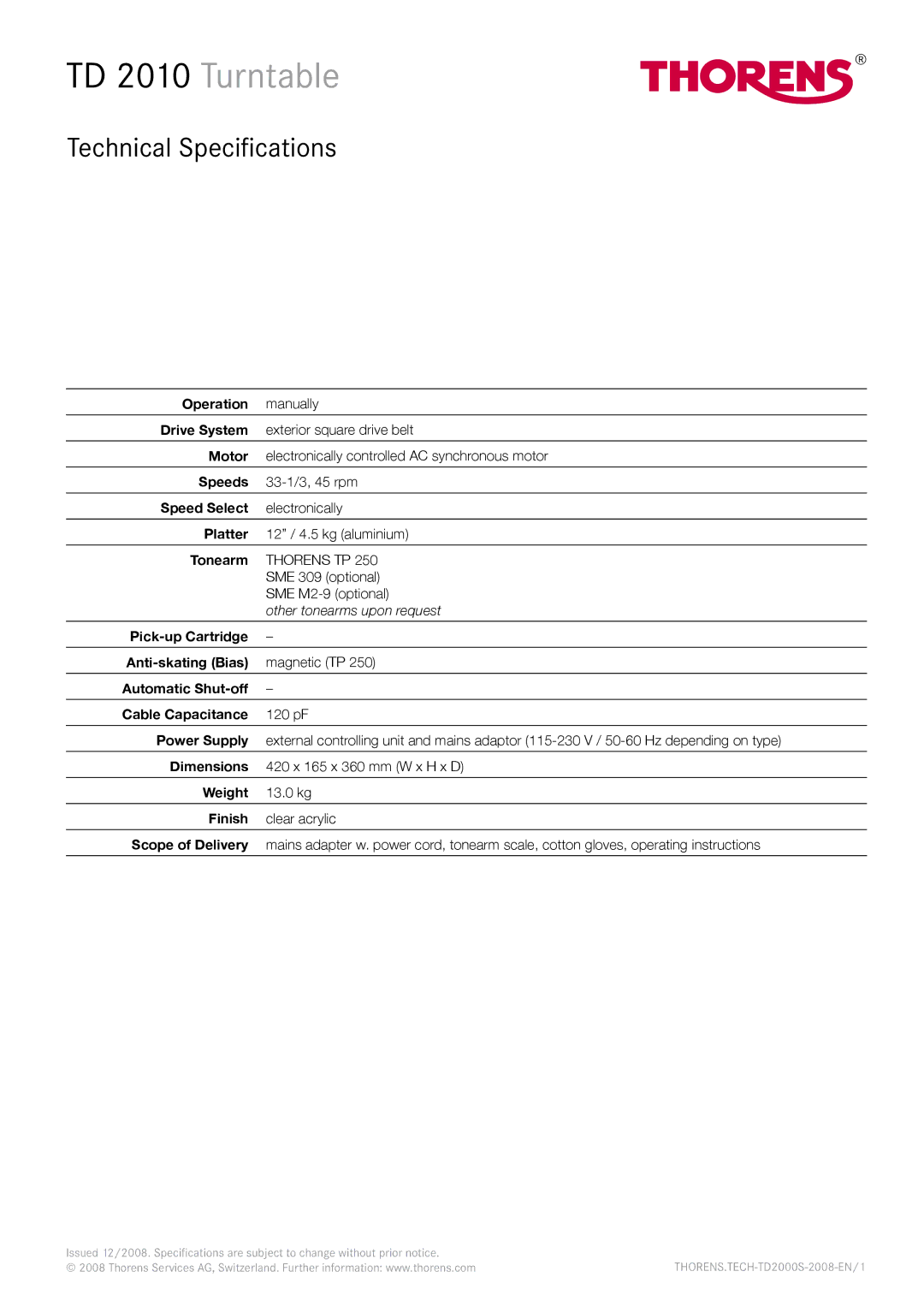 THORENS operation manual TD 2010 Turntable, Technical Specifications 