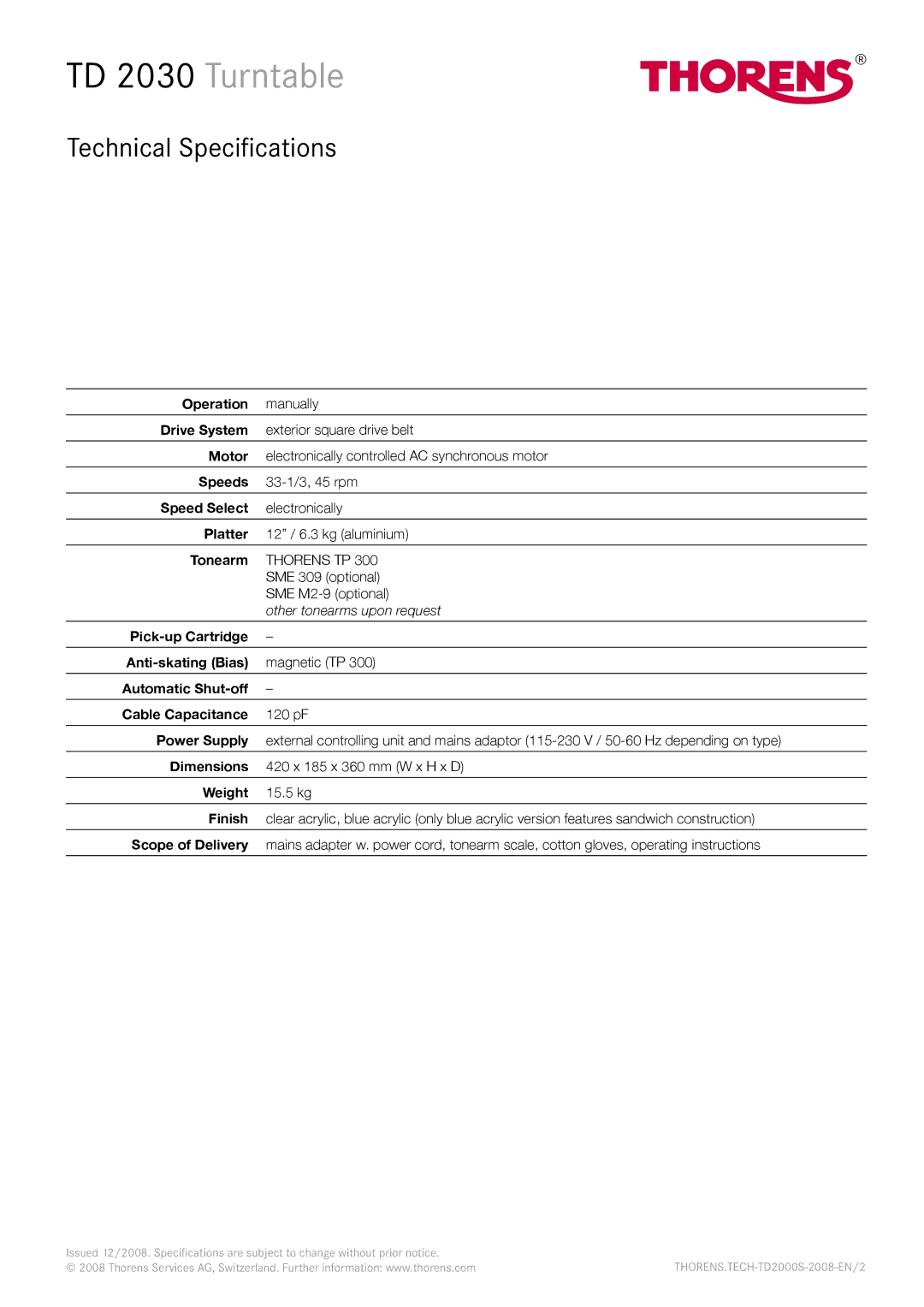 THORENS TD 2010 operation manual TD 2030 Turntable 