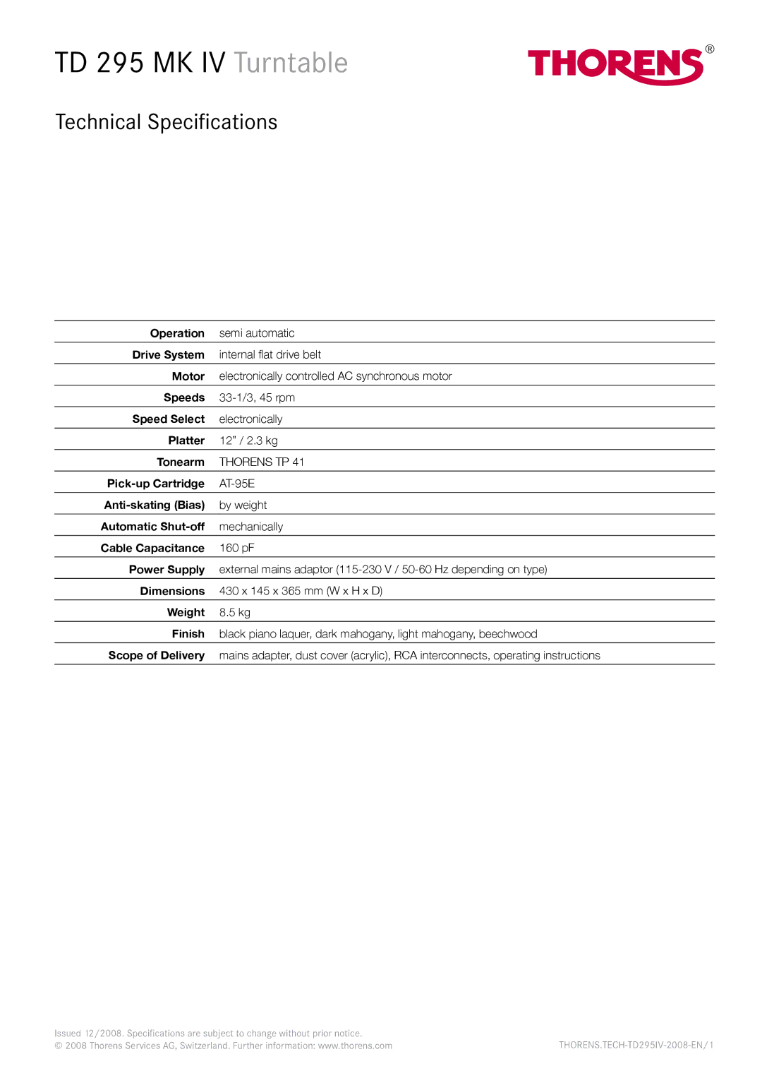 THORENS dimensions TD 295 MK IV Turntable, Technical Specifications 