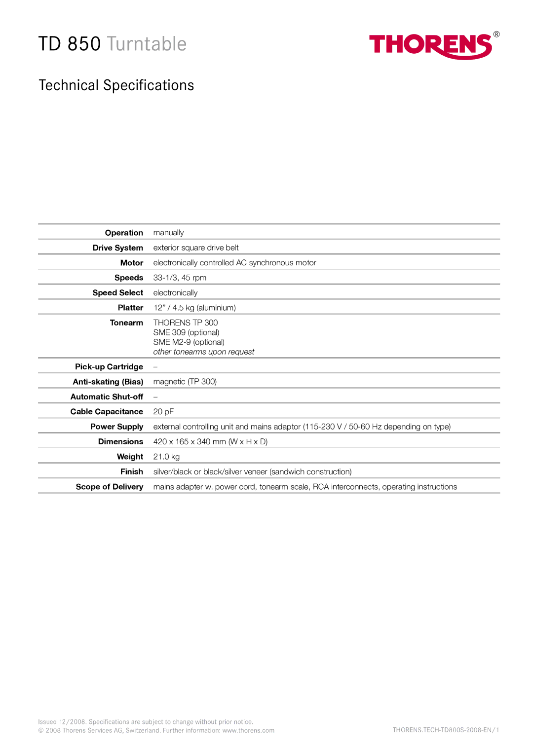 THORENS operation manual TD 850 Turntable, Technical Specifications 