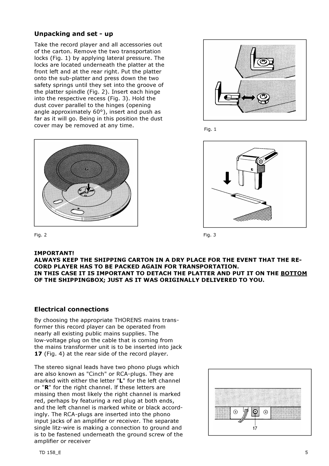 THORENS TD158 manual Unpacking and set up, Electrical connections 