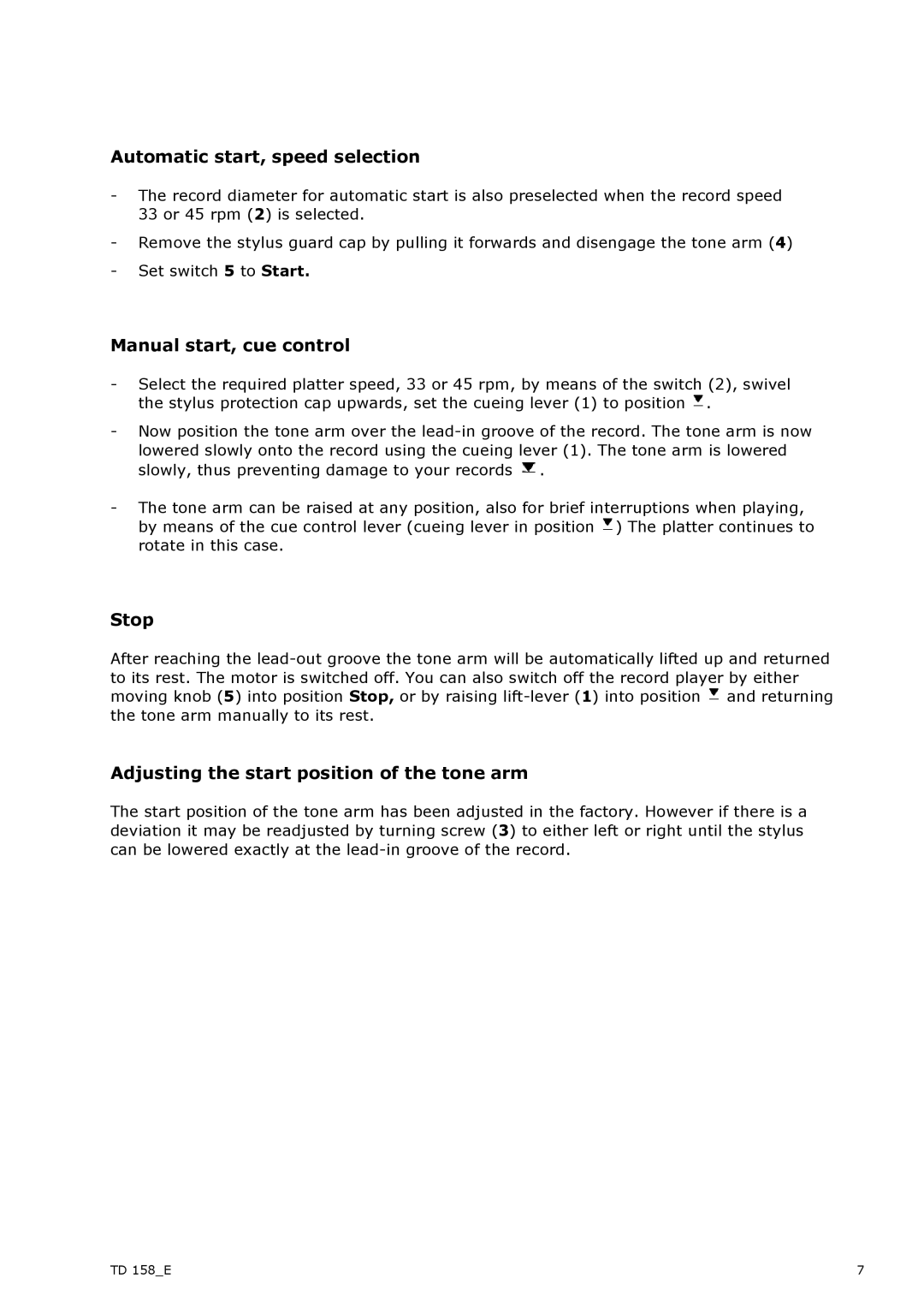 THORENS TD158 manual Automatic start, speed selection, Manual start, cue control, Stop 