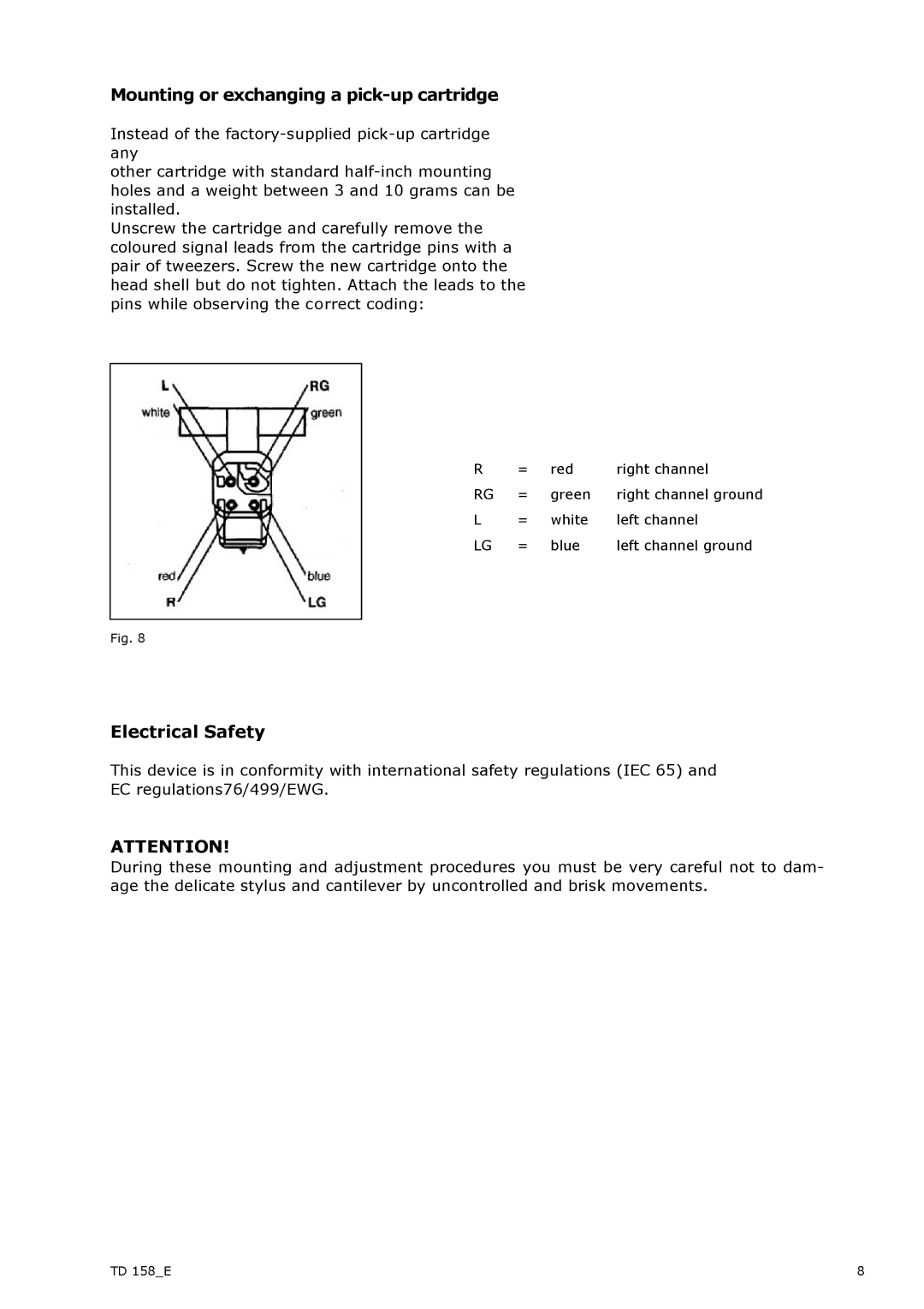 THORENS TD158 manual Mounting or exchanging a pick-up cartridge, Electrical Safety 