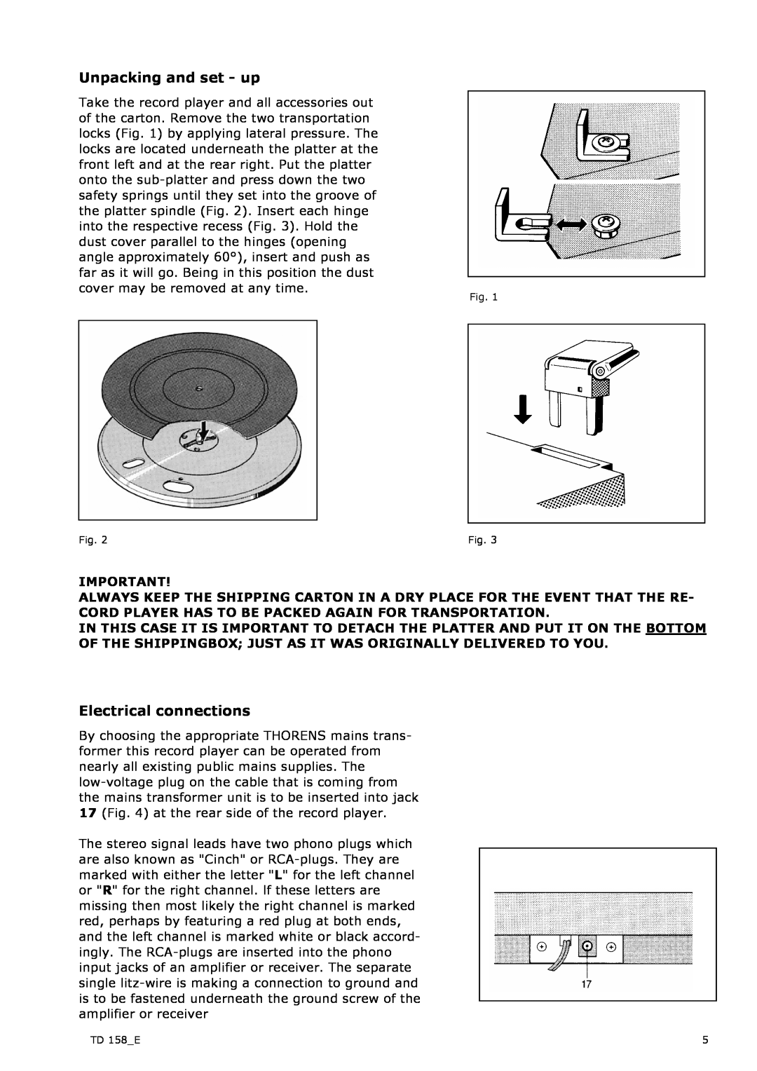THORENS manual Unpacking and set - up, Electrical connections, TD158 E 