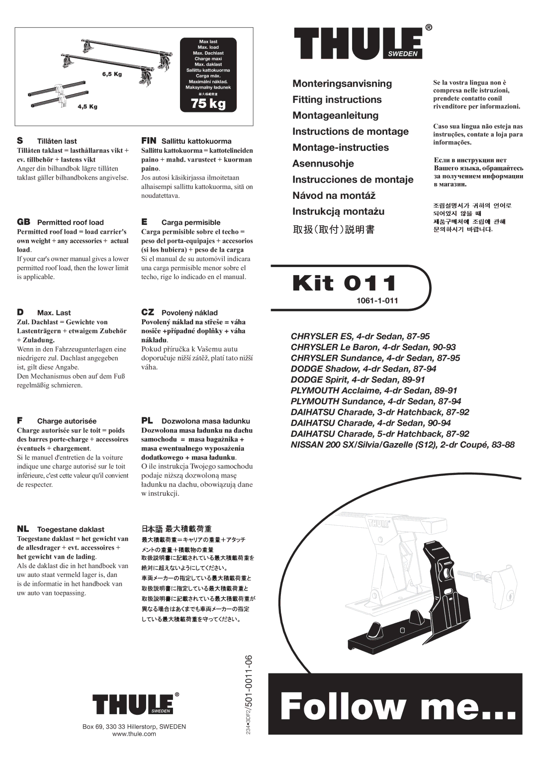 Thule 1061-1-011 owner manual Follow me, Kit, 75 kg 