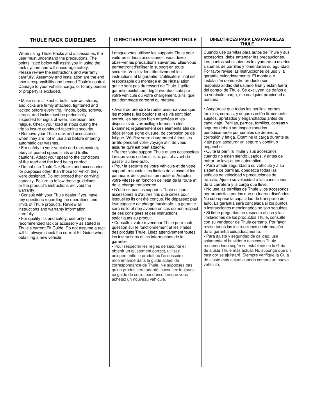 Thule 316 manual Thule Rack Guidelines 