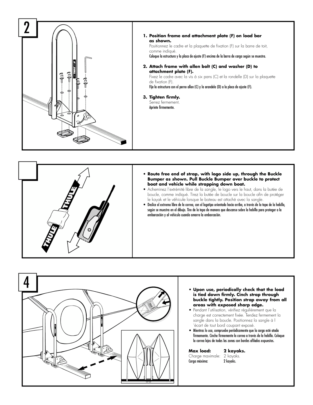 Thule 520 manual Position frame and attachment plate F on load bar as shown, Max load Kayaks 