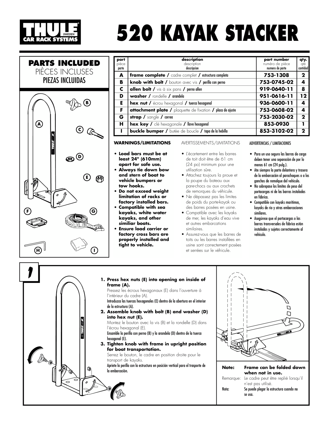 Thule 520 manual Kayak Stacker, Parts Included, Pièces Incluses, Piezas Incluidas 