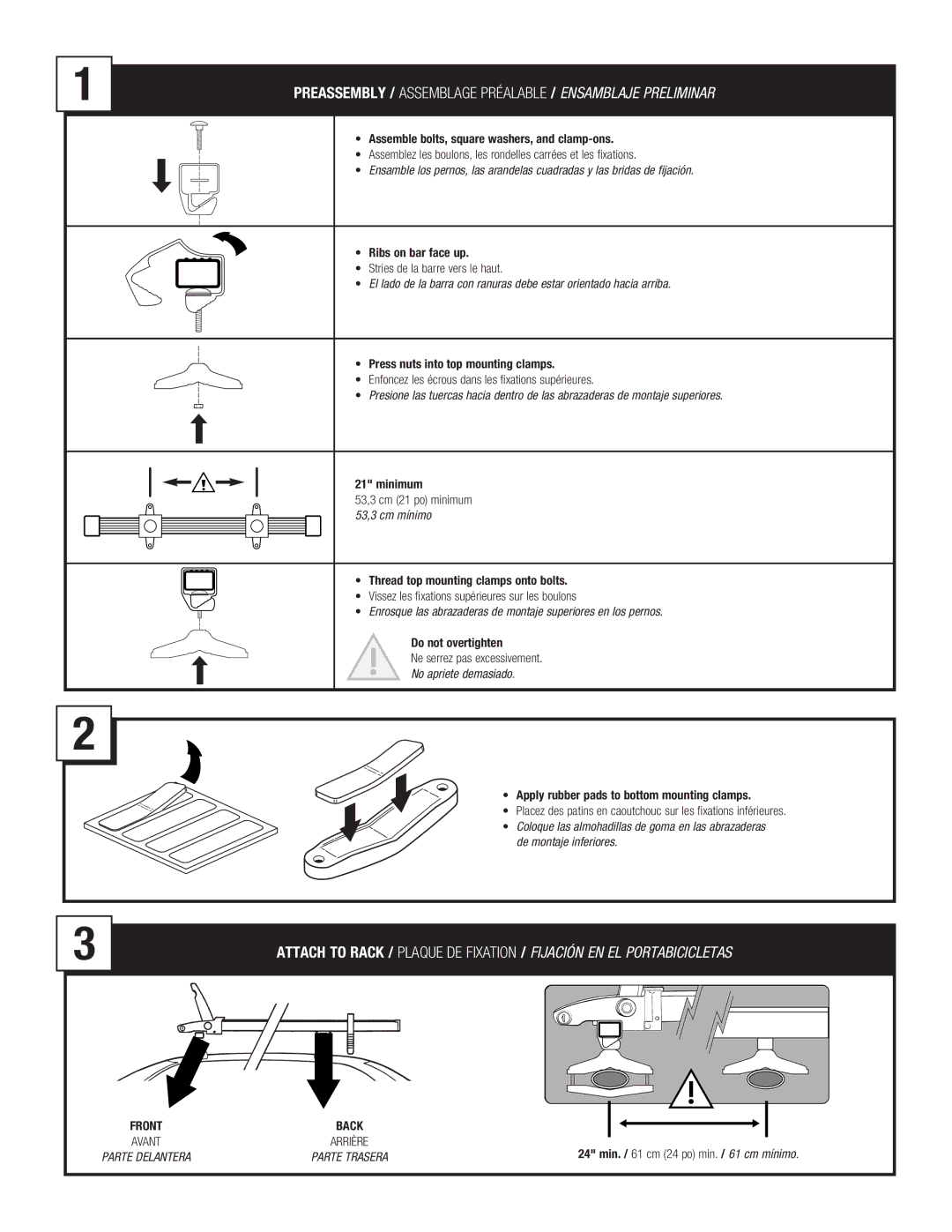 Thule 532 manual Preassembly / Assemblage Préalable / Ensamblaje Preliminar, Front Back Avant Arrière 