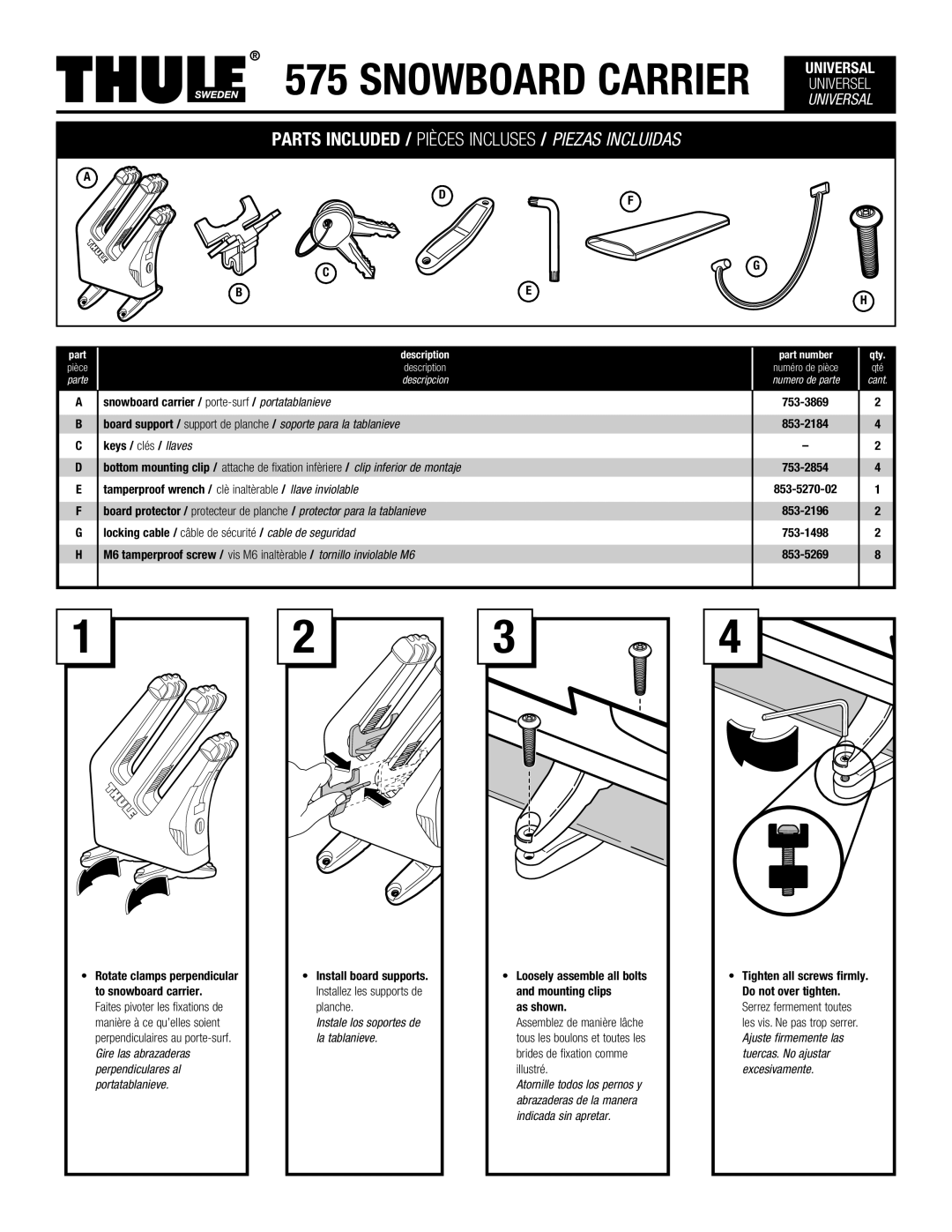 Thule 575 manual Snowboard Carrier Universel 