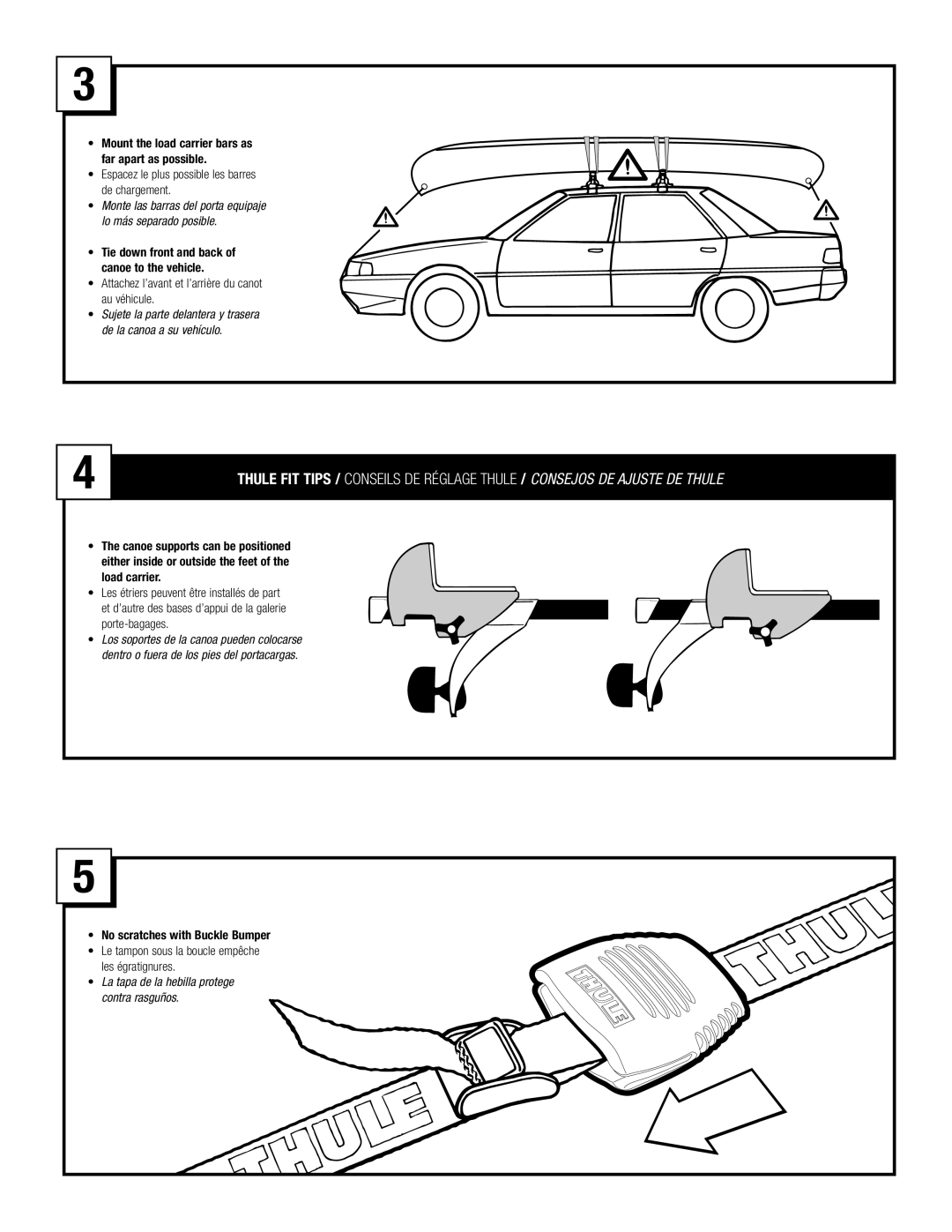 Thule 579 manual Espacez le plus possible les barres de chargement, No scratches with Buckle Bumper 