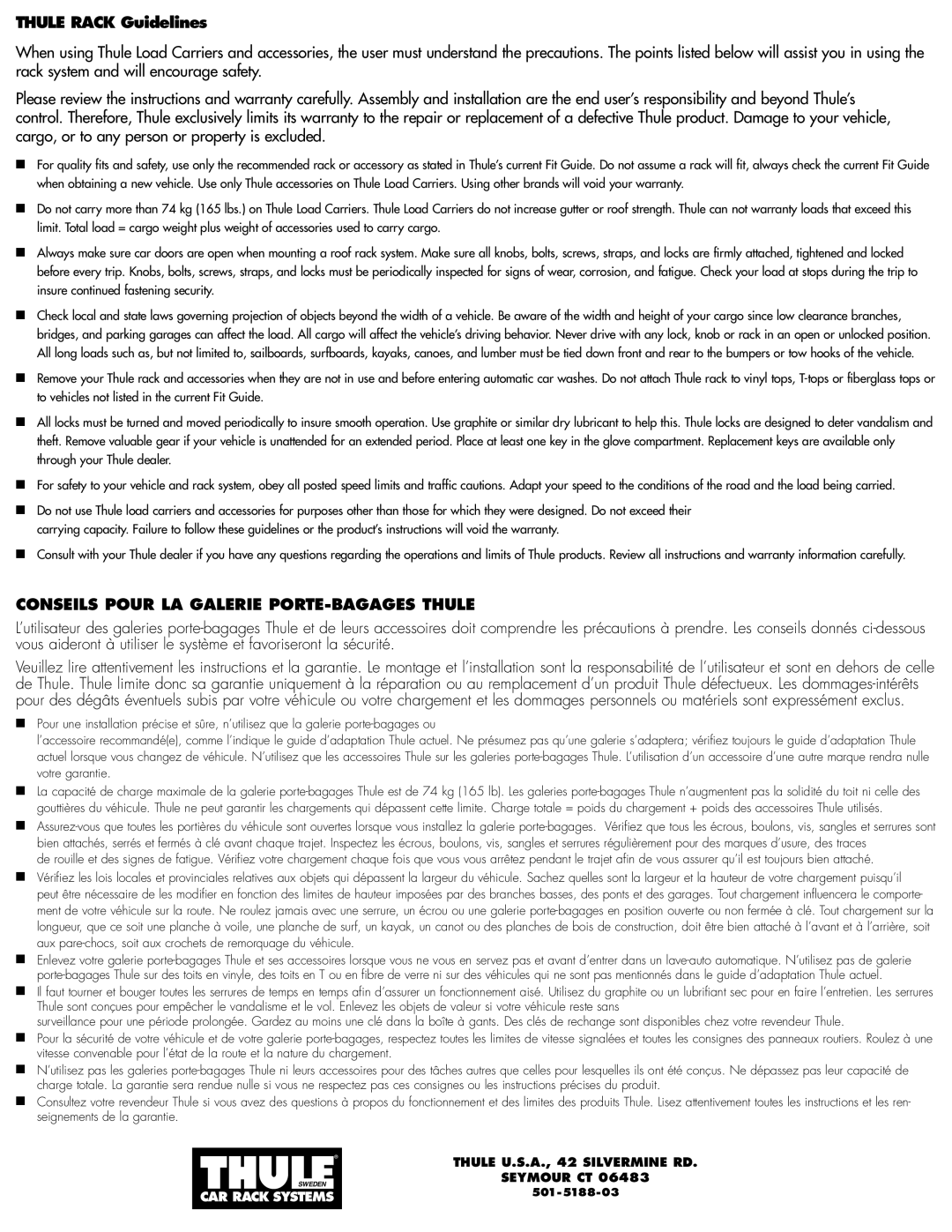 Thule 876 installation instructions Thule Rack Guidelines, Conseils Pour LA Galerie PORTE-BAGAGES Thule 