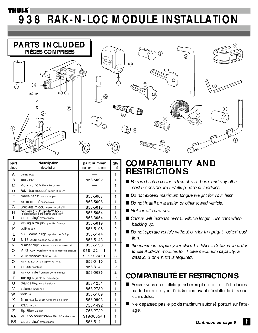 Thule 938 manual Compatibility Restrictions, Parts Included, Pièces Comprises 