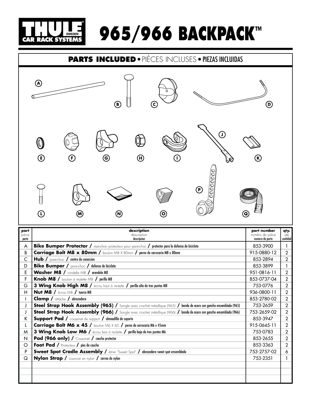 Thule 965, 966 manual Bike Bumper / pare-choc /defensa de bicicleta, 951-0816-11, 936-0800-11, 853-2780-02, 753-2659-02 