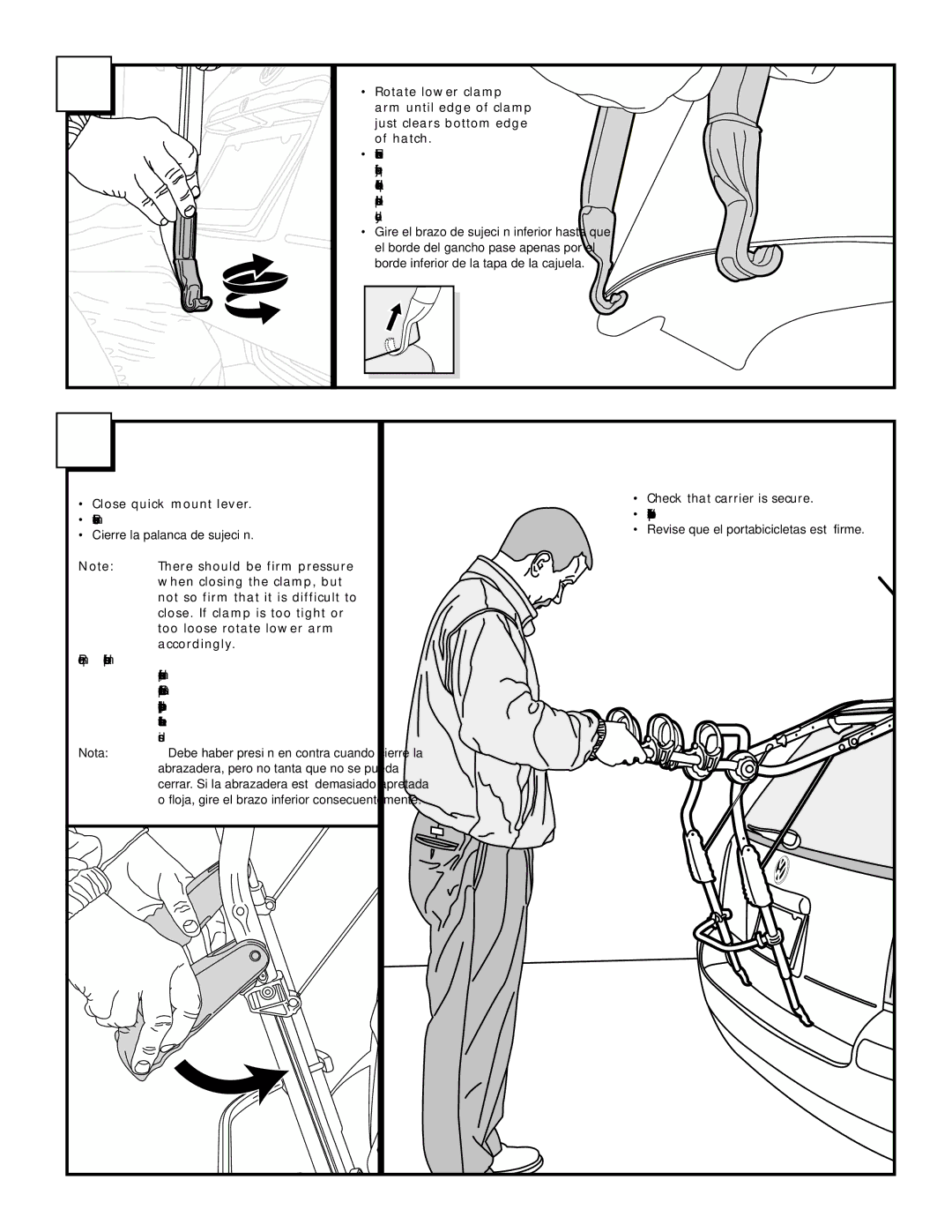 Thule 966 Close quick mount lever, There should be firm pressure, When closing the clamp, but, Too loose rotate lower arm 