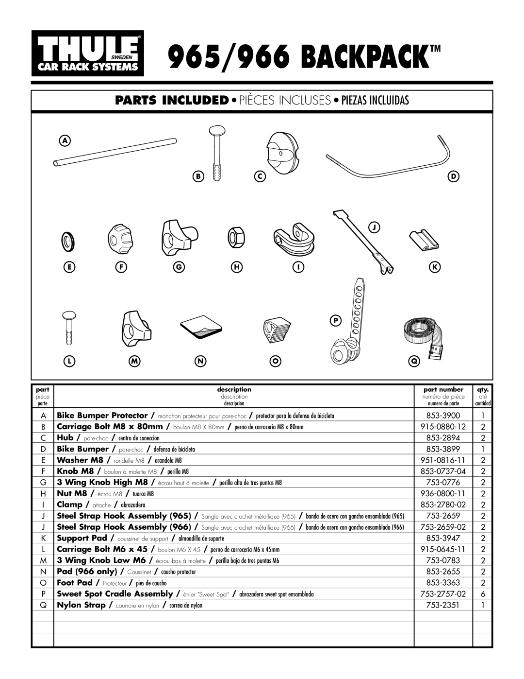 Thule manual 965/966 BACKPACK, Parts Includedpièces Inclusespiezas Incluidas, Washer M8 / rondelle M8 / arandela M8 
