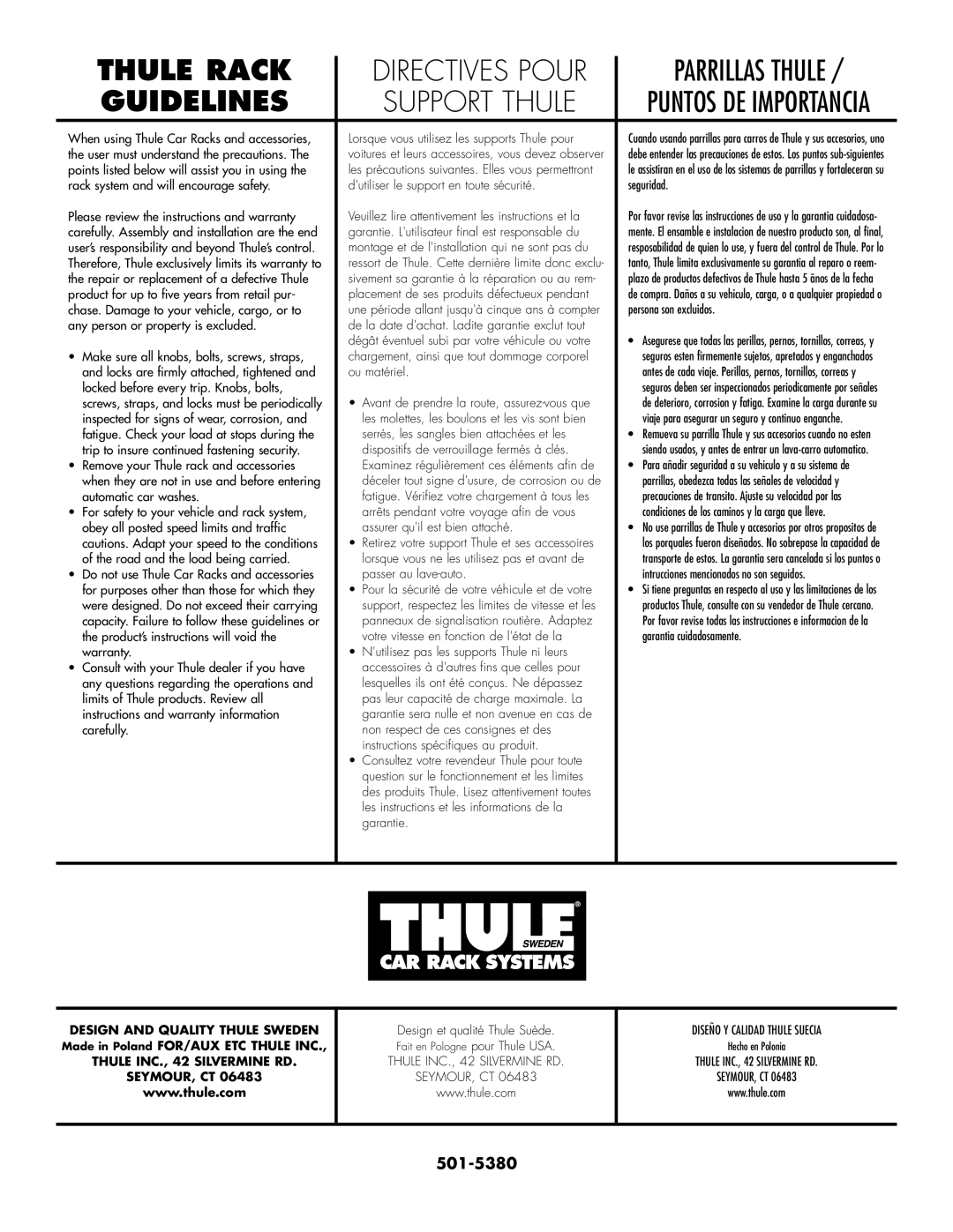 Thule 966 Thule Rack, Guidelines, 501-5380, Design And Quality Thule Sweden, Design et qualité Thule Suède, Seymour, Ct 