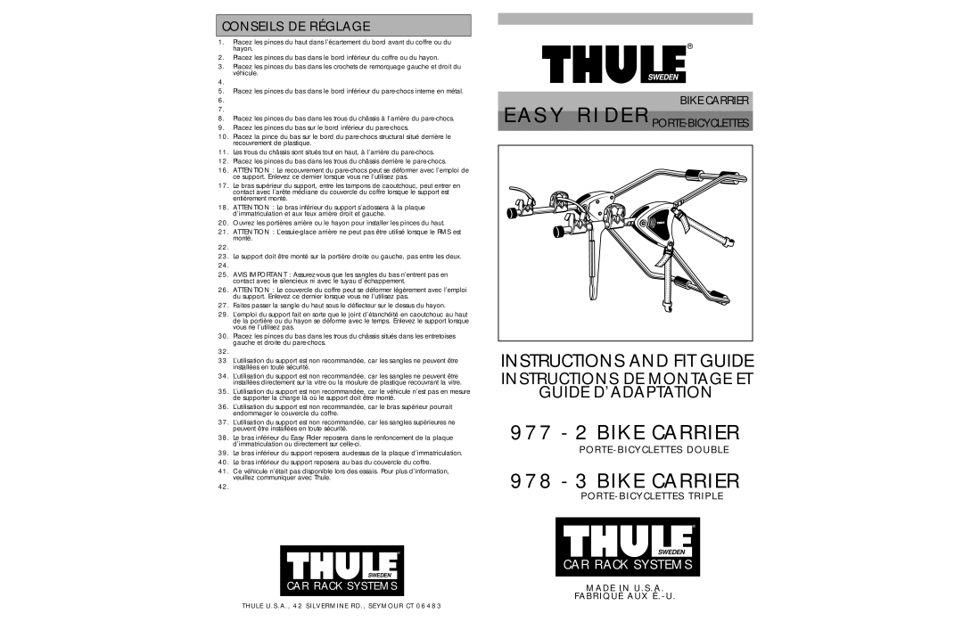 Thule 977, 978 manual Conseils DE Réglage, Made in U.S.A Fabriqué AUX É.-U 