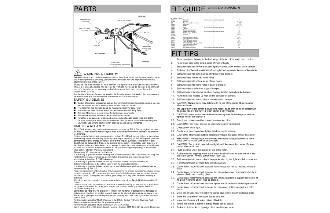 Thule 978, 977 manual Parts, FIT Tips, FIT Guide Guide D’ADAPTATION, Safety Guidelines, Limited Warranty 