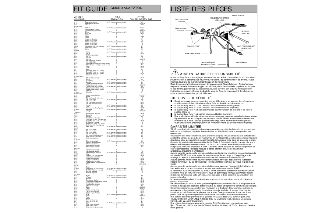 Thule 977, 978 manual Liste DES Pièces, Mise EN Garde ET Responsabilité, Directives DE Sécurité, Garantie Limitée 