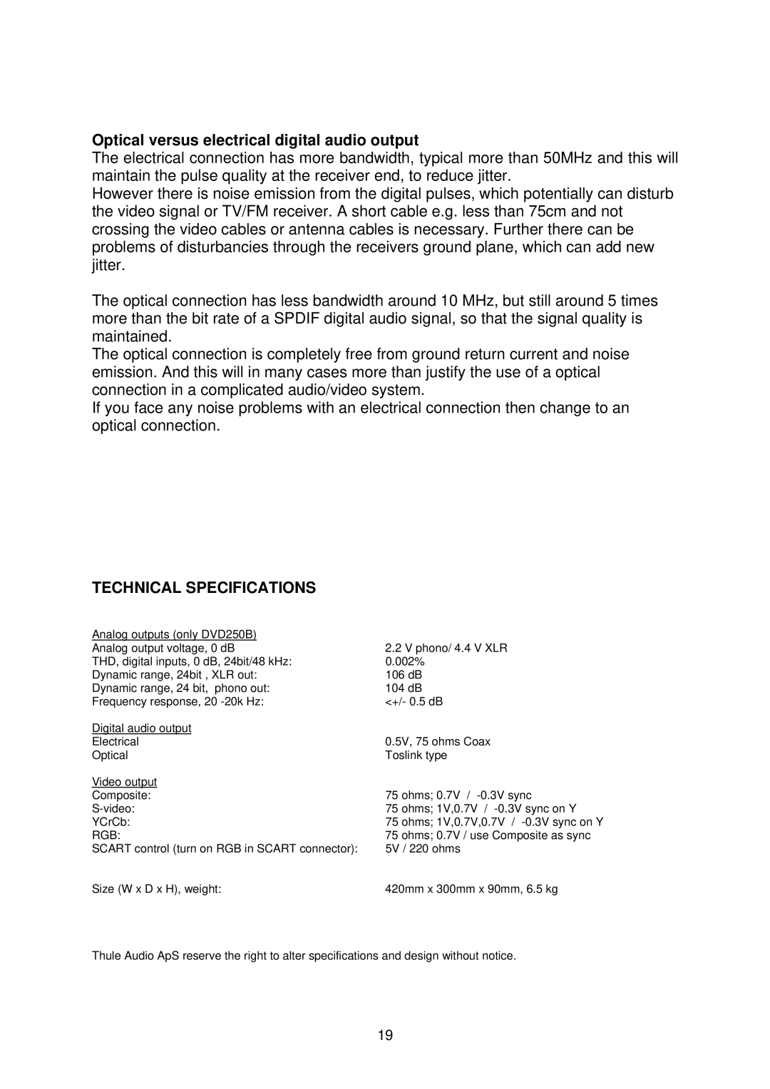 Thule DVD250/DVD250B owner manual Optical versus electrical digital audio output, Technical Specifications 