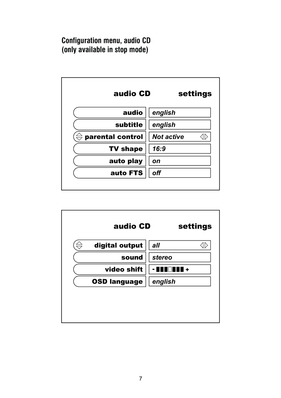 Thule DVD250/DVD250B owner manual Audio CD Settings 