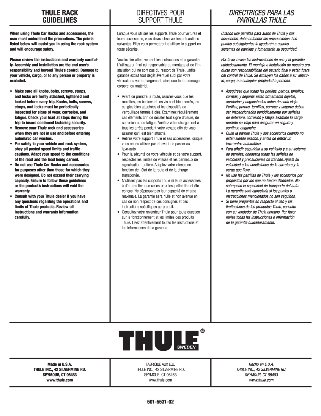 Thule TK12 Directrices Para Las, 501-5531-02, Thule Rack, Directives Pour, Guidelines, Support Thule, Parrillas Thule 