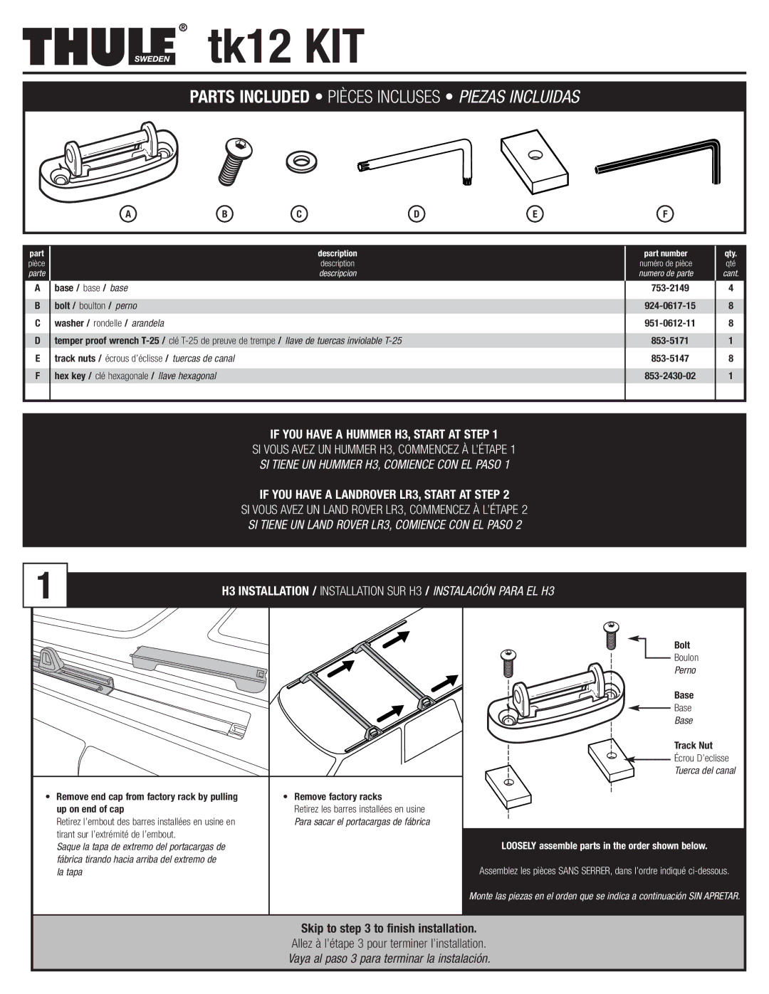 Thule TK12 manual If YOU have a Hummer H3, Start AT Step, If YOU have a Landrover LR3, Start AT Step 